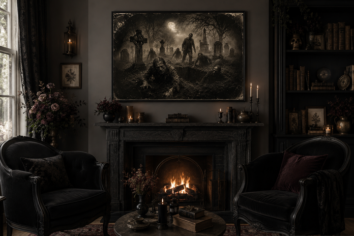 Antique photograph wall art of zombies rising from graves in a cemetery above a dark fireplace.