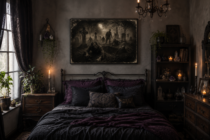 Dead Rising From The Graves realistic antique photograph wall art hanging above a gothic bed.