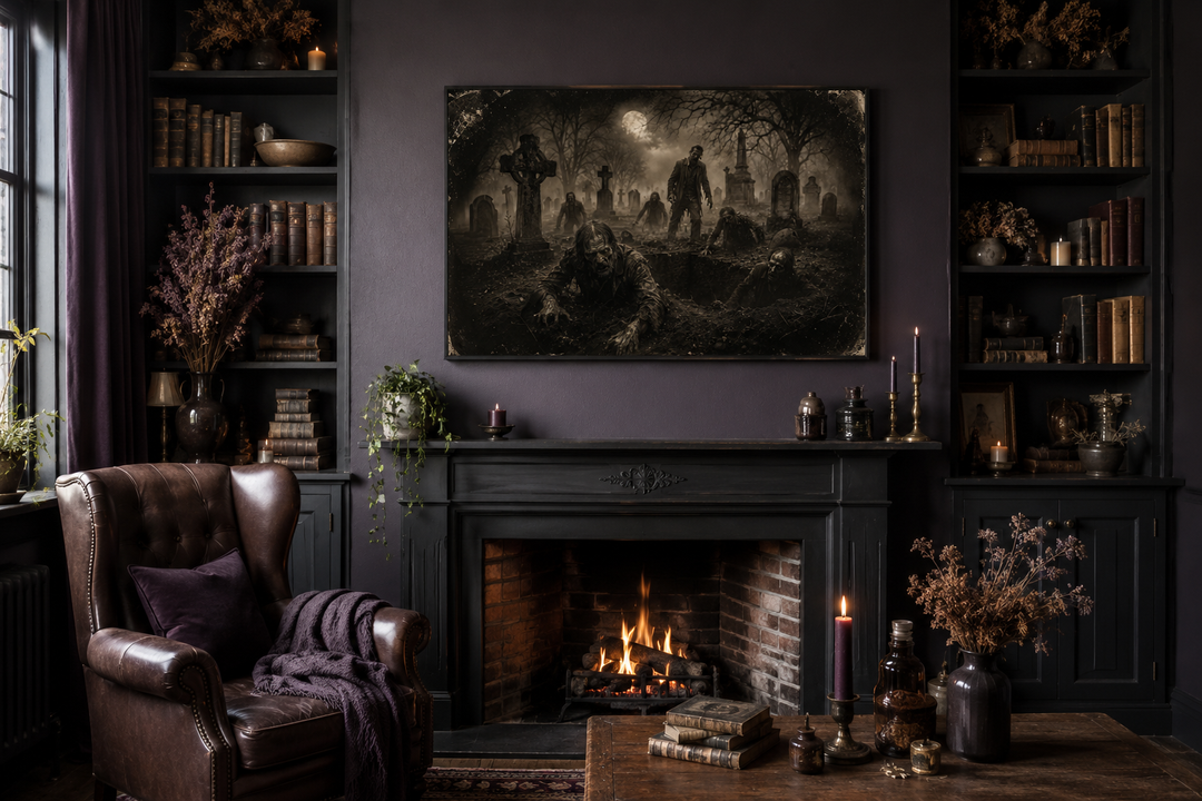 Antique photograph wall art of zombies rising from graves in a cemetery above a fireplace.