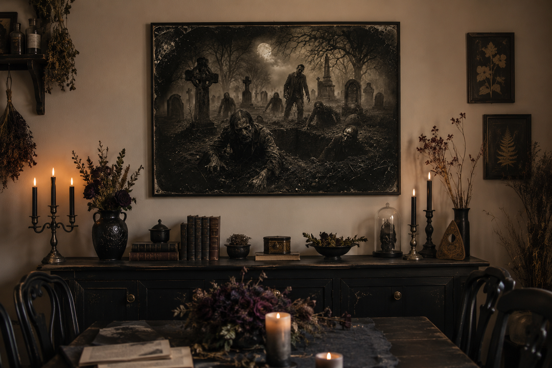 Antique-style framed wall art of zombies rising from graves in a dark, misty cemetery.