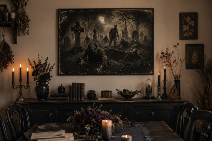 Antique-style framed wall art of zombies rising from graves in a dark, misty cemetery.