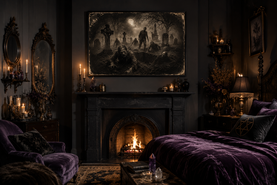 Antique photograph wall art of zombies rising from graves in a cemetery above a fireplace.