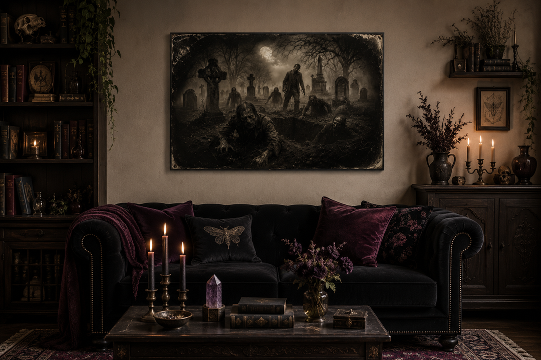 Antique photograph wall art of zombies rising from graves in a cemetery above a black velvet sofa.