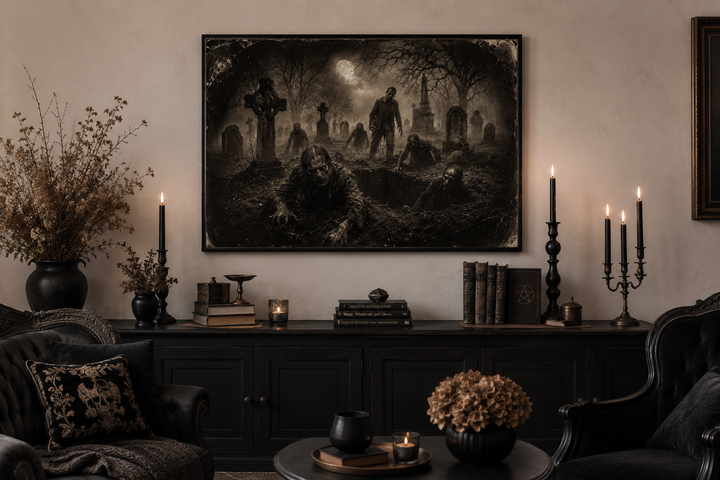 Antique-style framed wall art of zombies rising from graves in a dark, misty cemetery.