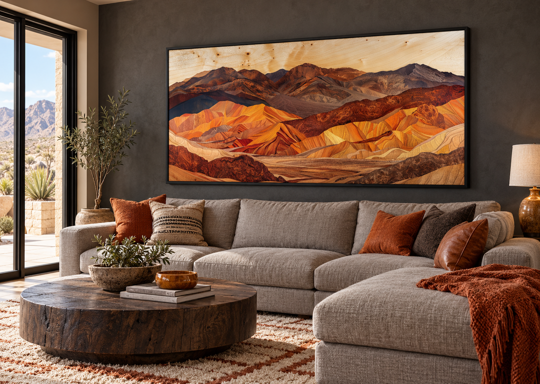 Death Valley layered wood style painting framed canvas wall art above a charcoal sectional sofa.
