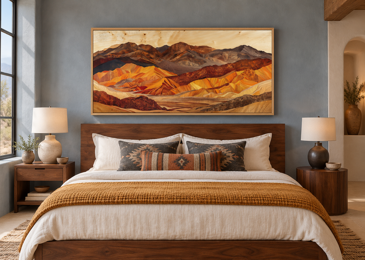 Death Valley layered wood style painting framed canvas wall art in a Southwestern bedroom.