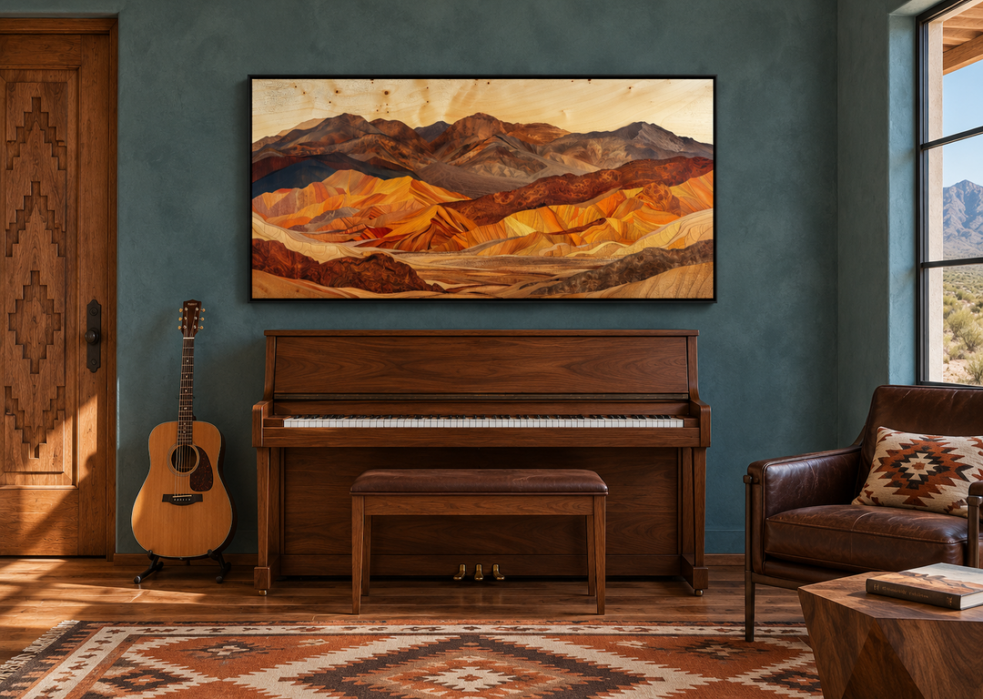 Death Valley layered wood style painting framed canvas wall art in a Southwestern music room.