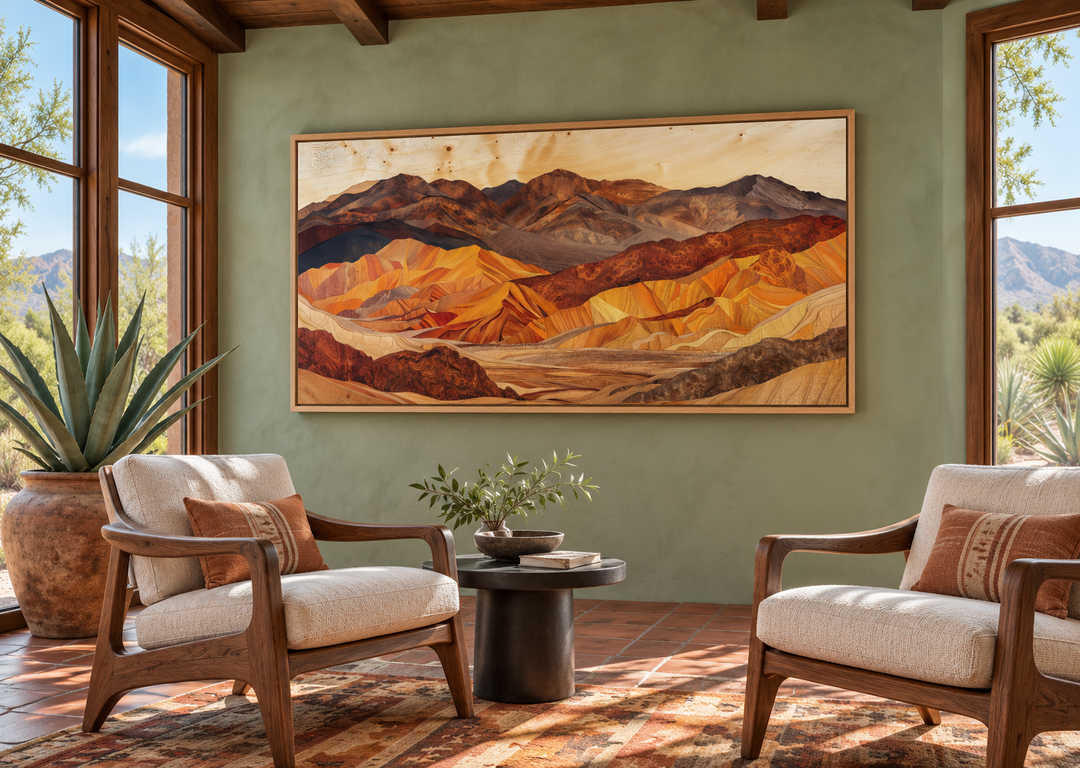 Death Valley layered wood style painting on a green wall in a rustic Southwestern sunroom.