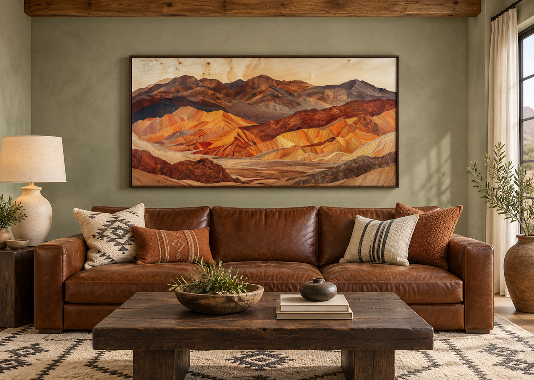 Death Valley layered wood style painting framed canvas wall art above a brown leather sofa.