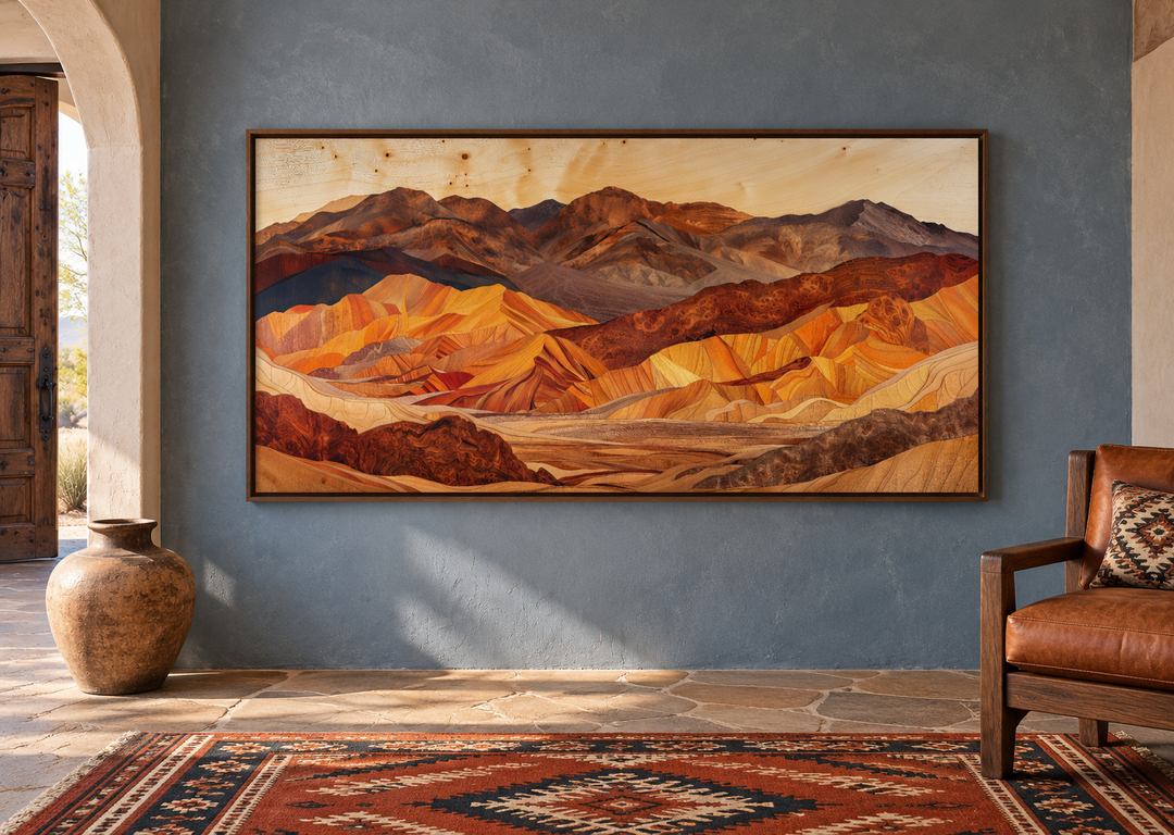 Death Valley layered wood style painting in a dark frame on a blue wall in a Southwestern room.