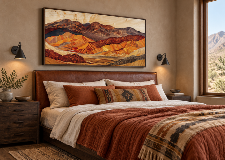 Death Valley layered wood style painting in a dark frame above a bed in a Southwestern bedroom.