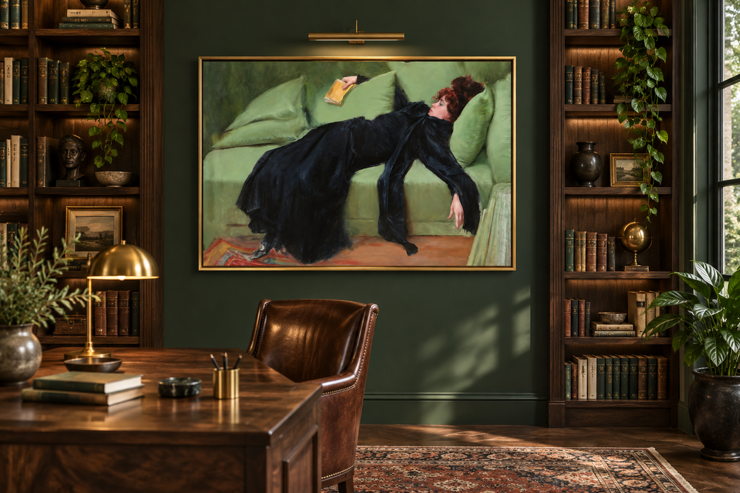 Decadent Young Woman vintage framed canvas art by Ramon Casas in a dark green library setting.