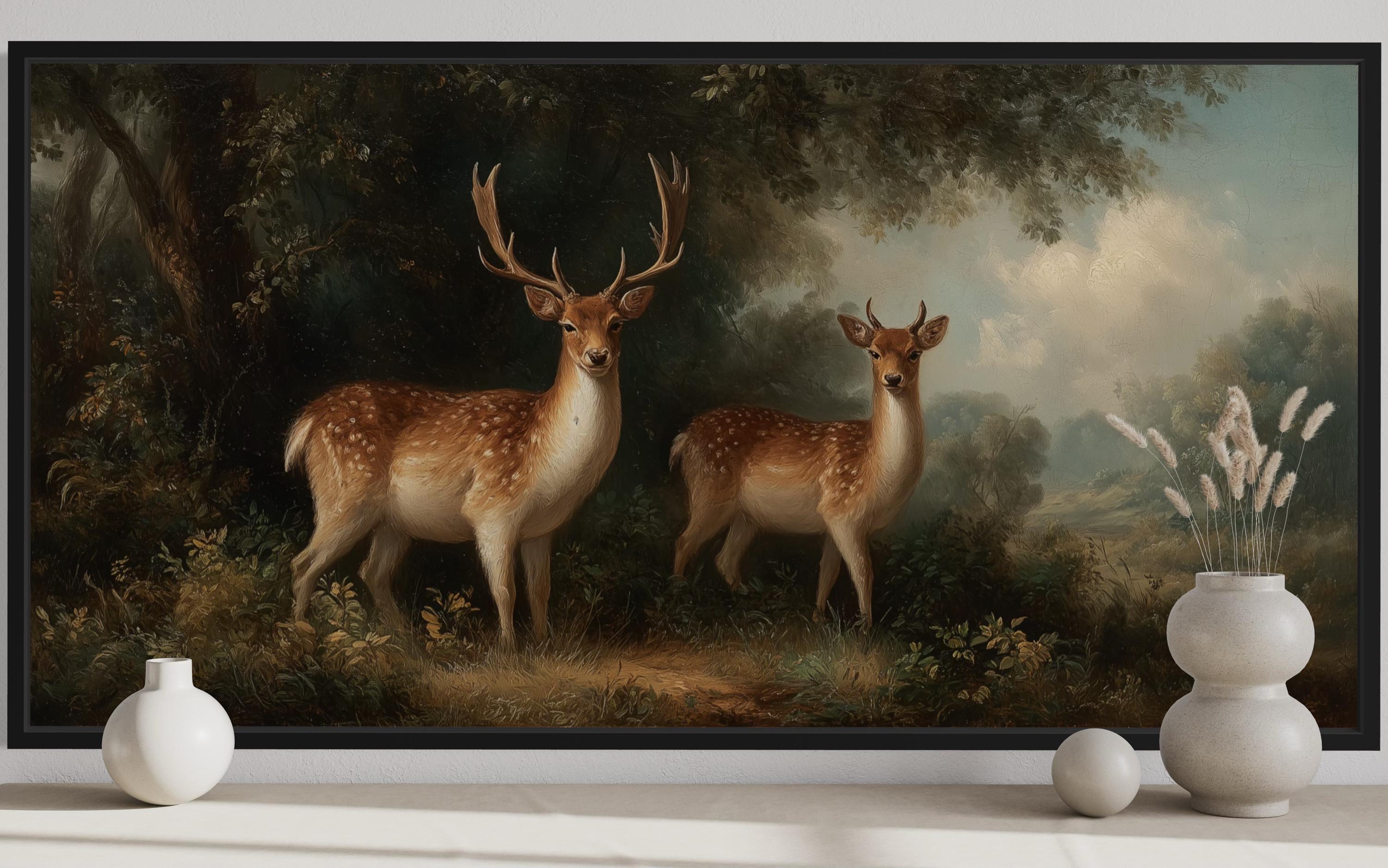 ウッドウォールアート(930×480・2) Deer & Doe Forest Canvas Wall Art | Romantic Wildlife Decor – Wall