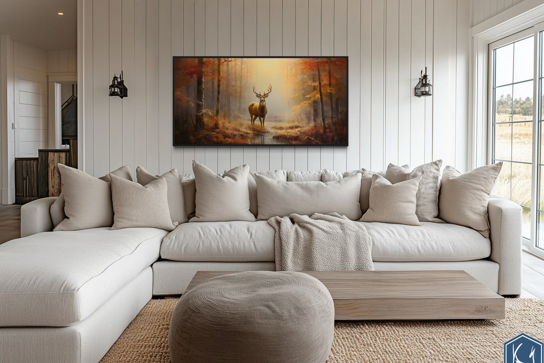 Deer Autumn Wall Art – Large Framed Canvas Print | Rustic Cabin Decor