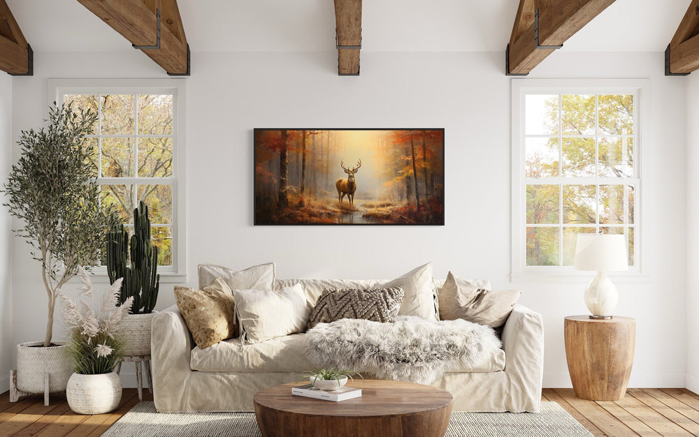 Deer Autumn Wall Art – Large Framed Canvas Print | Rustic Cabin Decor