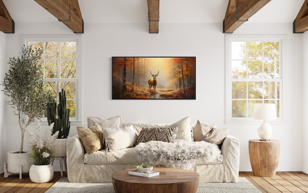 Deer Autumn Wall Art – Large Framed Canvas Print | Rustic Cabin Decor