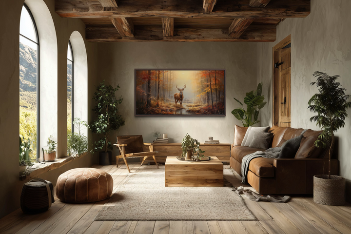 Large framed canvas print of a majestic stag in an autumn forest, styled for rustic cabin decor.