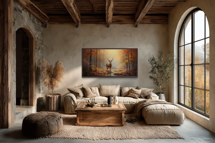 Large framed canvas print of a majestic stag in an autumn forest, styled for rustic cabin decor.