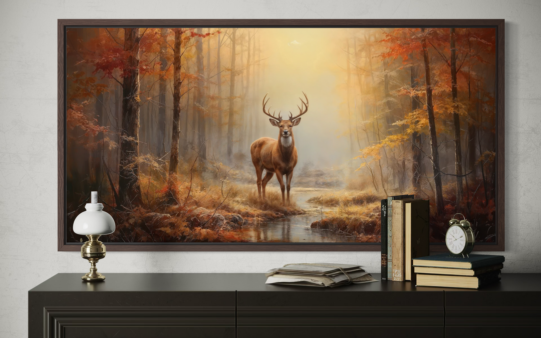 Large framed canvas print of a majestic stag in a golden autumn forest above a dark wood dresser.