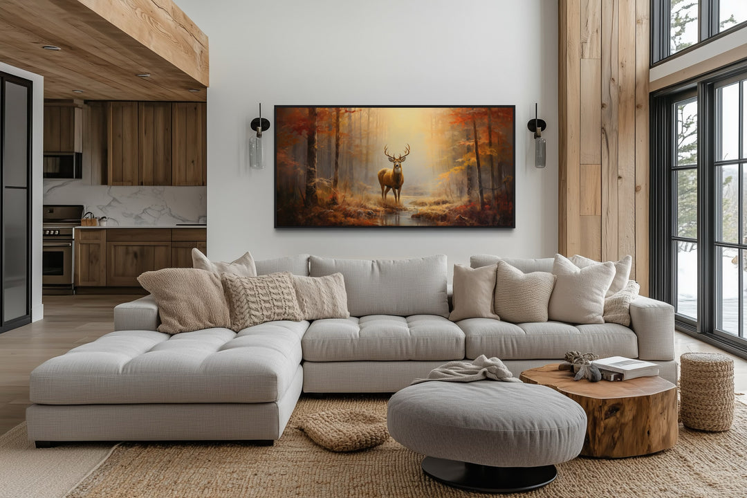 Deer Autumn Wall Art – Large Framed Canvas Print | Rustic Cabin Decor