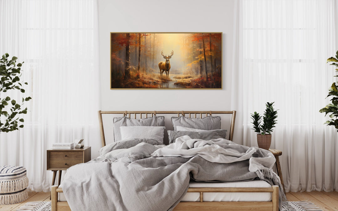 Deer In Autumn Forest Extra Large Framed Canvas Wall Art