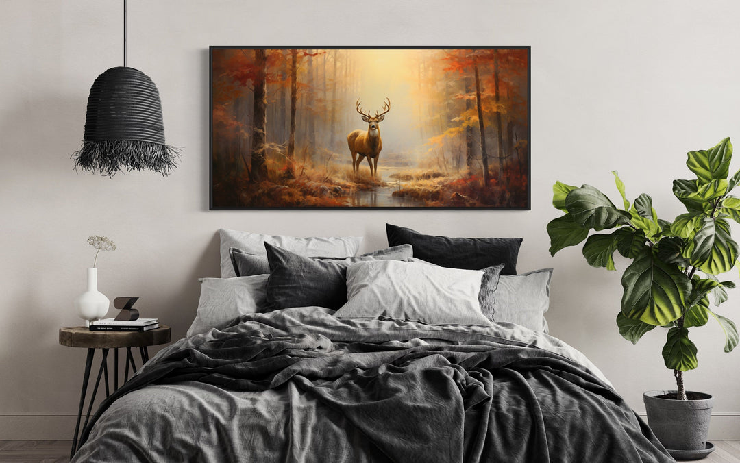 Deer In Autumn Forest Extra Large Framed Canvas Wall Art