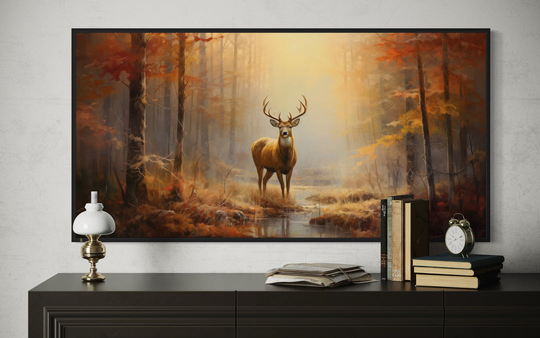 Deer In Autumn Forest Extra Large Framed Canvas Wall Art