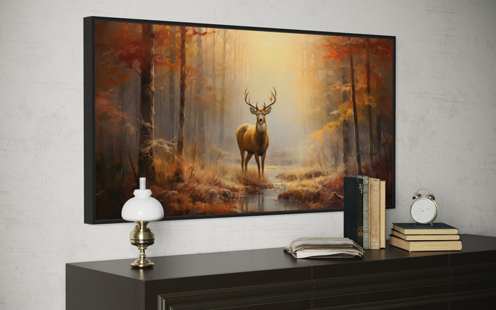 Deer In Autumn Forest Extra Large Framed Canvas Wall Art