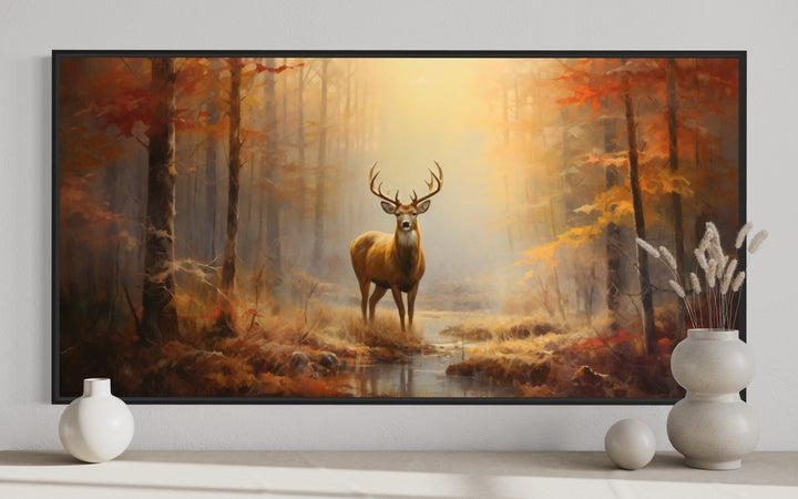 Deer In Autumn Forest Extra Large Framed Canvas Wall Art