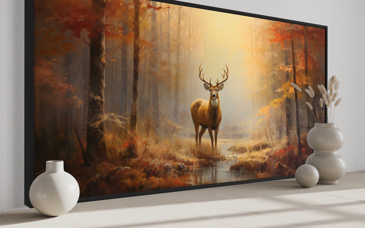 Deer In Autumn Forest Extra Large Framed Canvas Wall Art