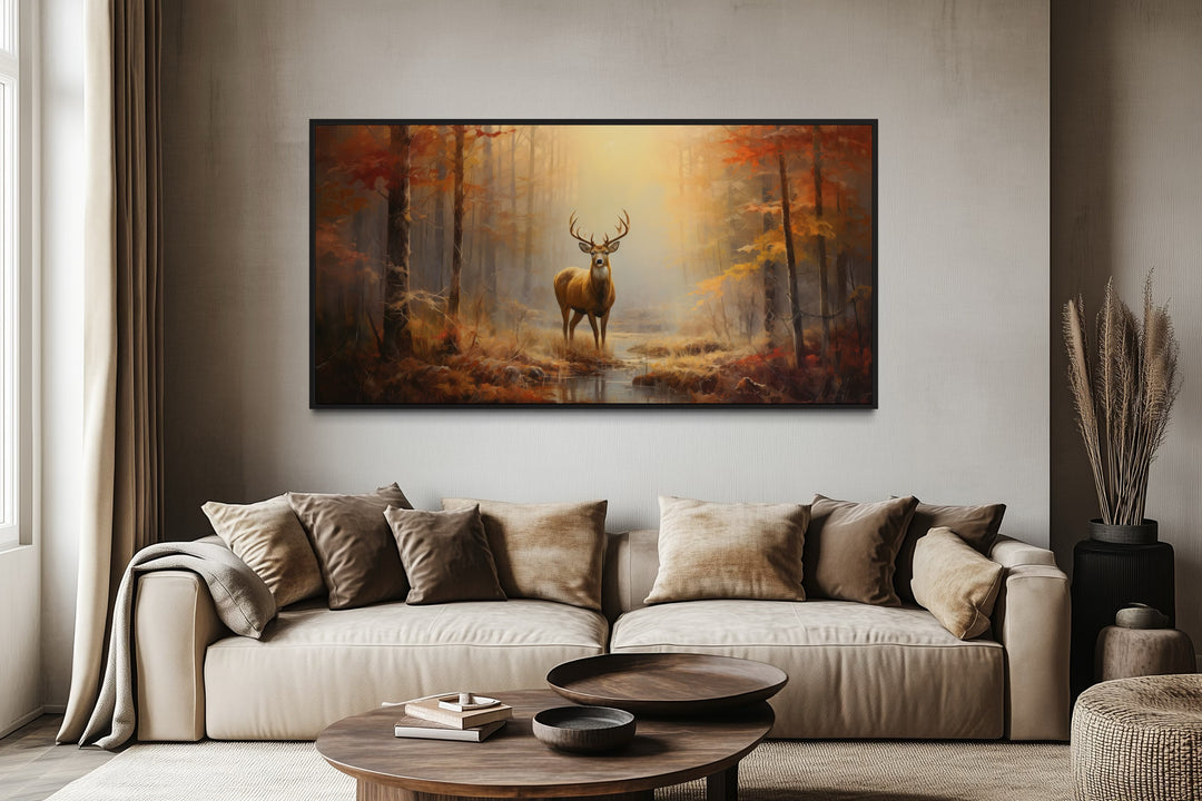 Deer In Autumn Forest Extra Large Framed Canvas Wall Art