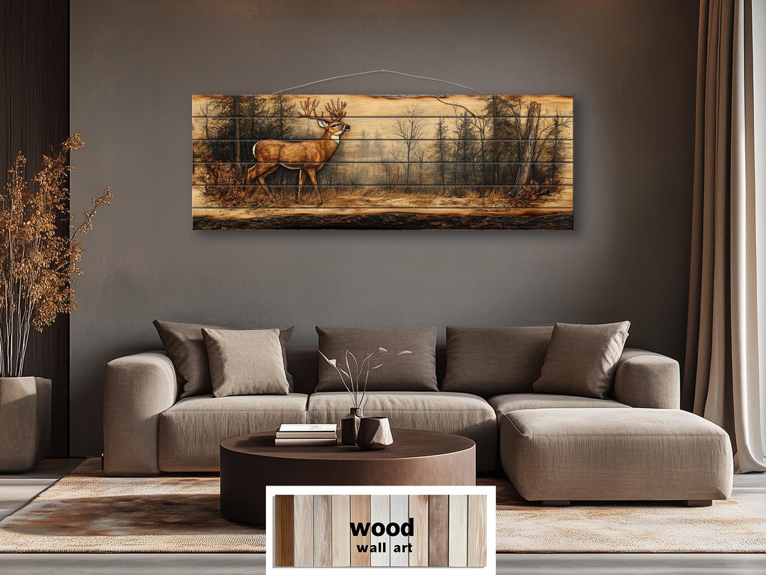 Deer In Forest Long Horizontal Distressed Wood Wall Art