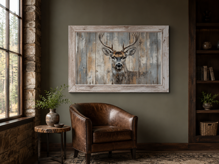 Deer painting in a rustic barnwood frame canvas wall art hanging in a cozy living room.