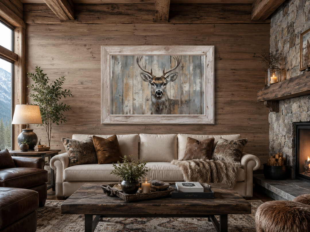 Deer painting in a rustic barnwood frame hanging above a sofa in a cozy cabin living room.