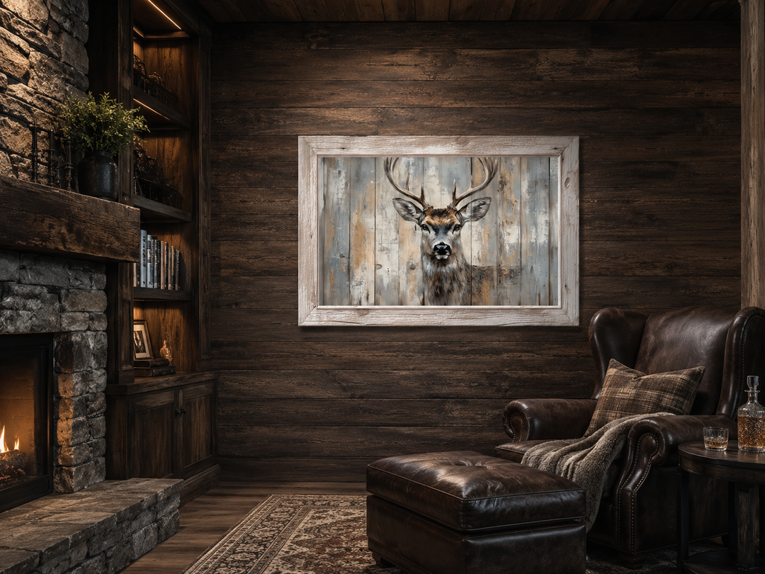 Deer painting in a faux rustic barnwood frame canvas wall art hanging in a cozy wood-paneled room.