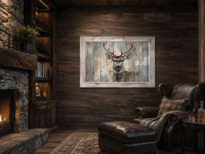 Deer painting in a faux rustic barnwood frame canvas wall art hanging in a cozy wood-paneled room.