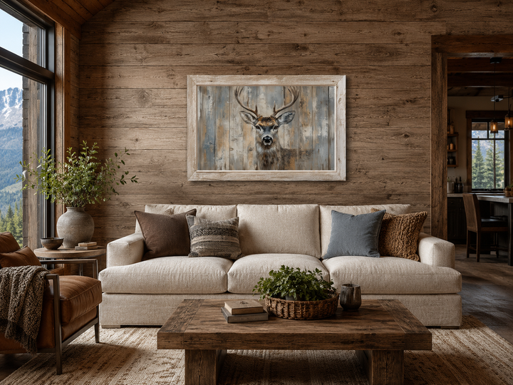 Deer painting in a rustic barnwood frame hanging on a wood-paneled wall above a beige sofa.