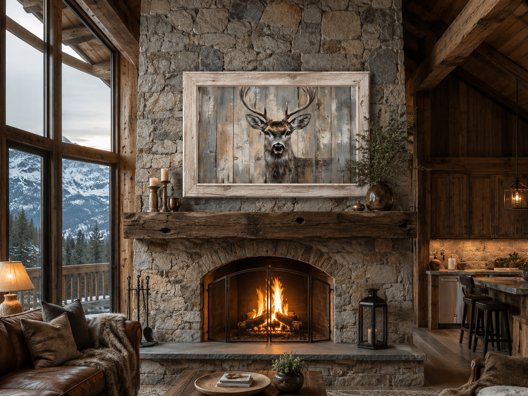 Deer painting in a rustic barnwood frame hanging above a stone fireplace in a cozy cabin living room.