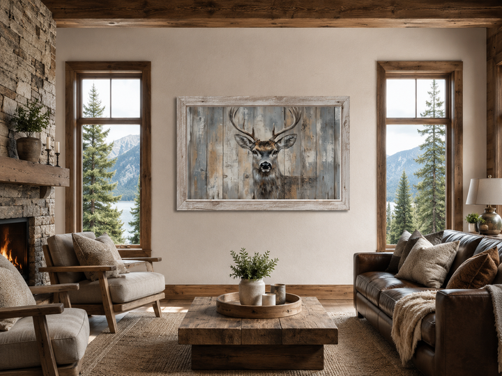 Deer painting in a rustic barnwood frame canvas wall art hanging in a cozy, modern cabin living room.