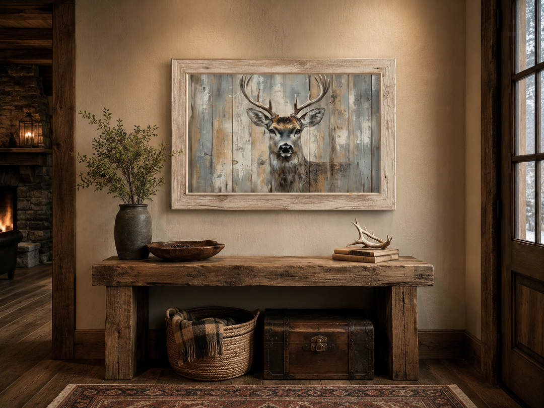 Deer painting in a rustic barnwood frame canvas wall art hanging above a wooden console table.