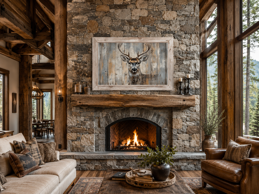 Deer painting in a rustic barnwood frame hanging above a stone fireplace in a cozy cabin living room.