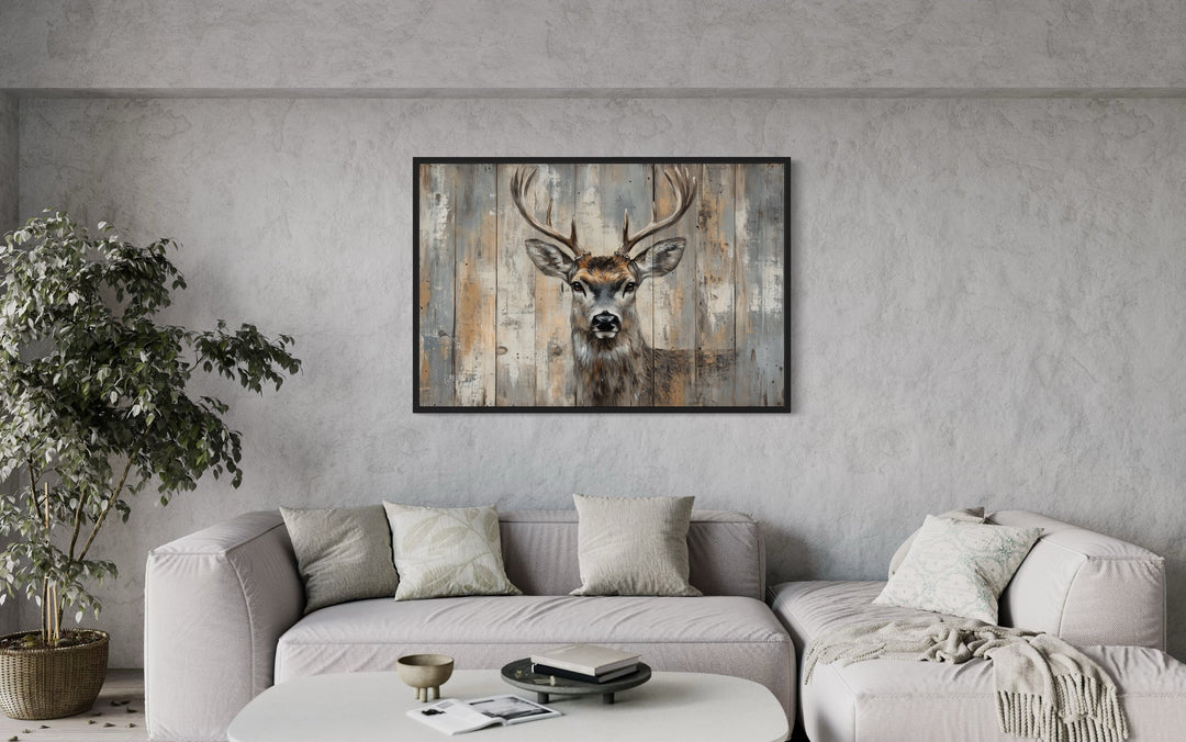 Deer Painting In Fake Rustic Barnwood Frame Canvas Wall Art