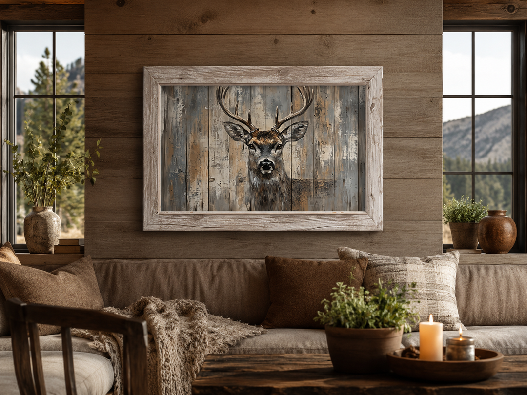 Deer painting in a rustic barnwood frame canvas wall art hanging above a cozy living room sofa.