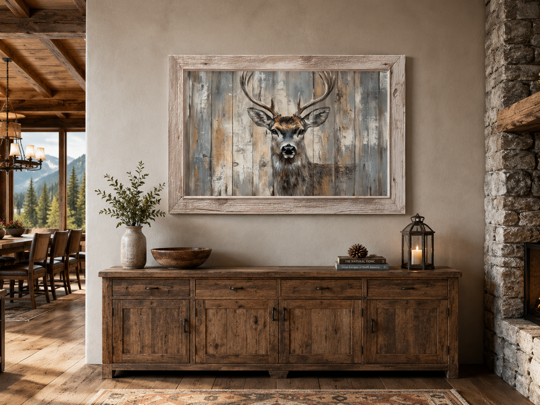 Deer painting in a rustic barnwood frame hanging above a wooden sideboard in a cabin-style room.