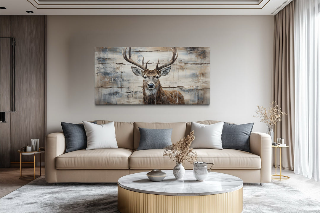 Deer Painting On Wood Rustic Framed Canvas Wall Art For Cabin Decor