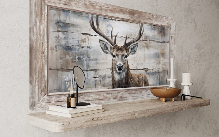 Deer Painting On Wood Rustic Framed Canvas Wall Art For Cabin Decor