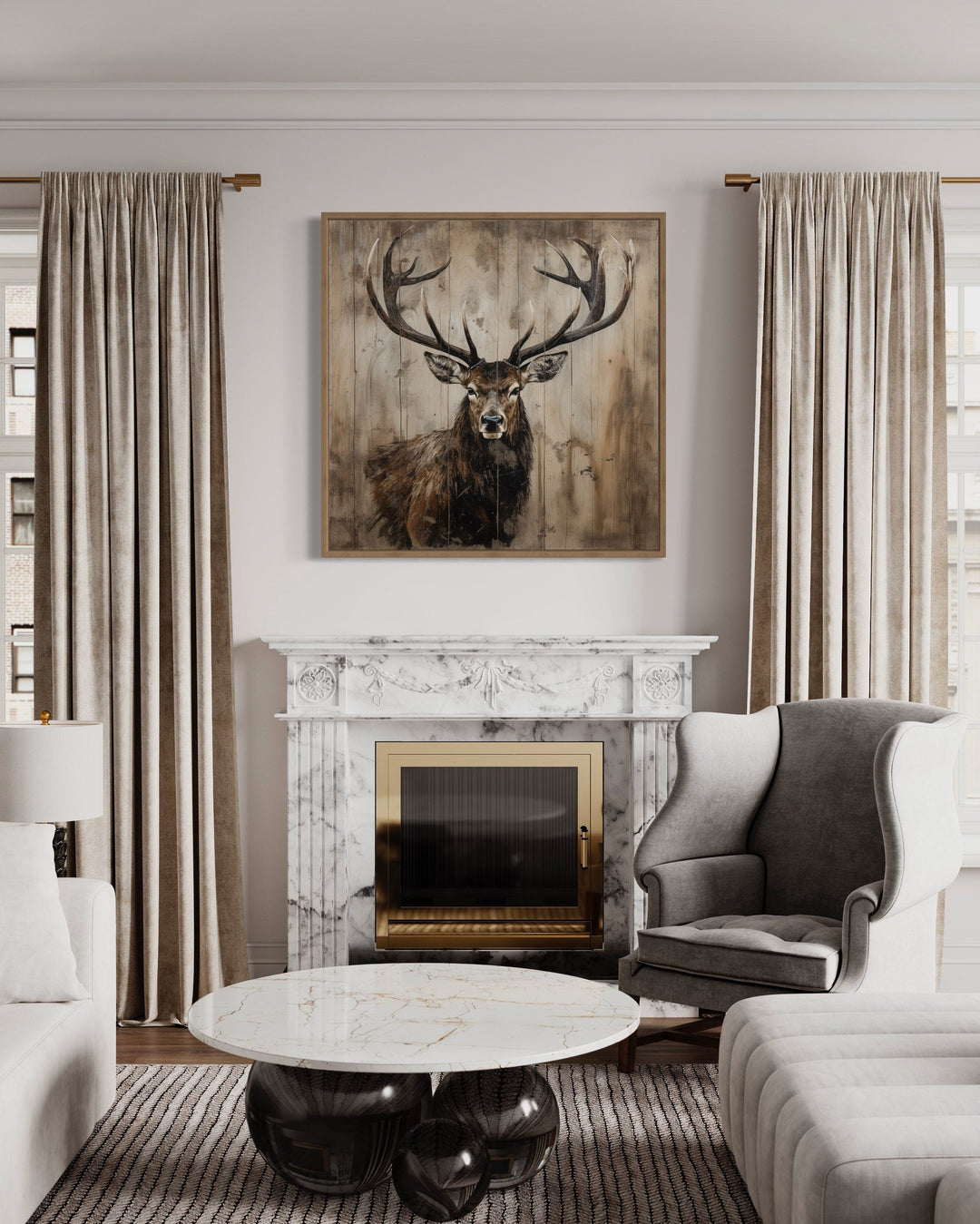 Deer Portrait on Distressed Wood Rustic Framed Canvas Wall Art hanging above a marble fireplace.