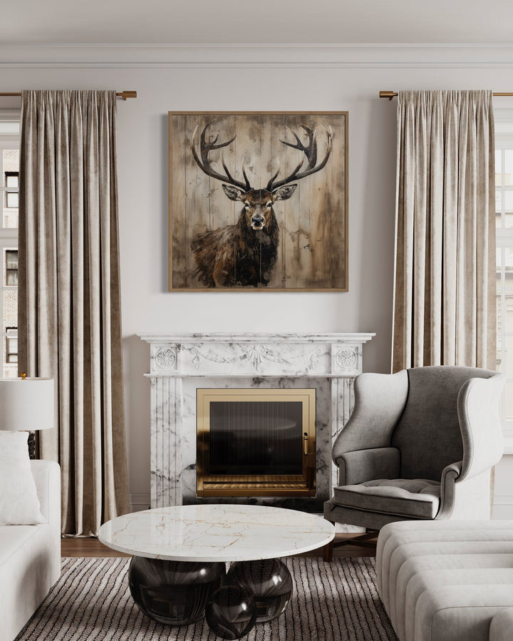 Deer Portrait on Distressed Wood Rustic Framed Canvas Wall Art hanging above a marble fireplace.