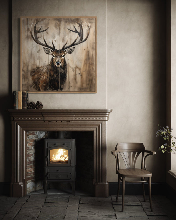 Rustic framed canvas wall art featuring a deer portrait on a distressed wood-style background.
