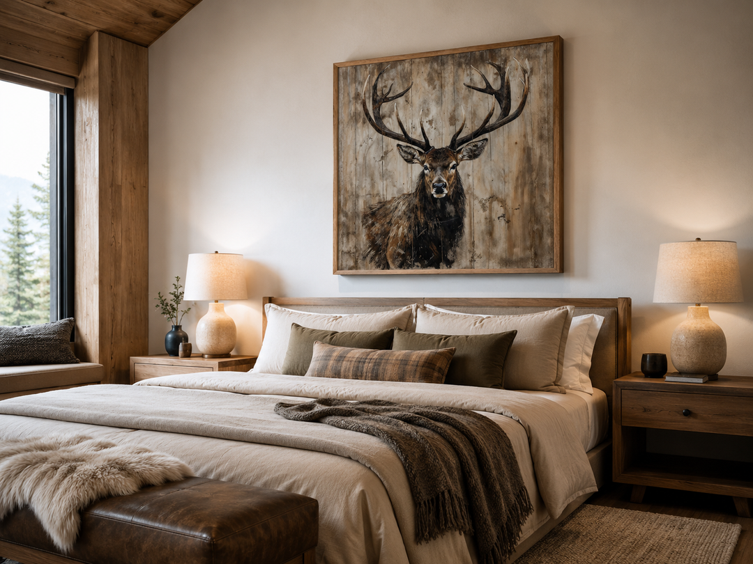 Rustic framed canvas wall art featuring a deer portrait on a distressed wood-style background.